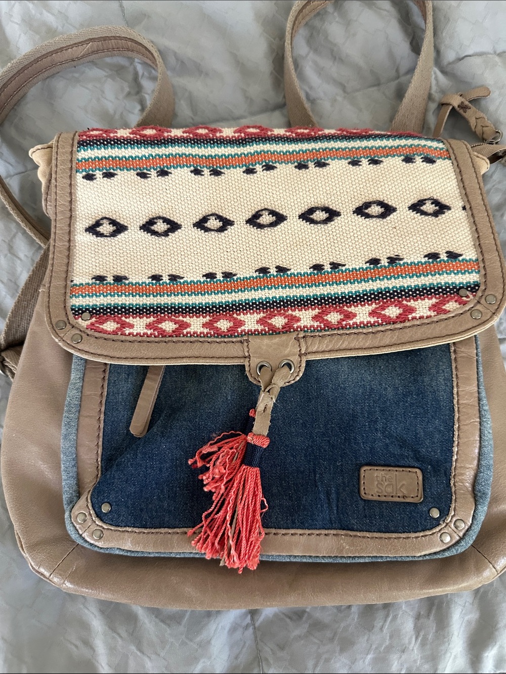 The Sak Beige, Denim & Red Tassel Woven-Trim Convertible Backpack
